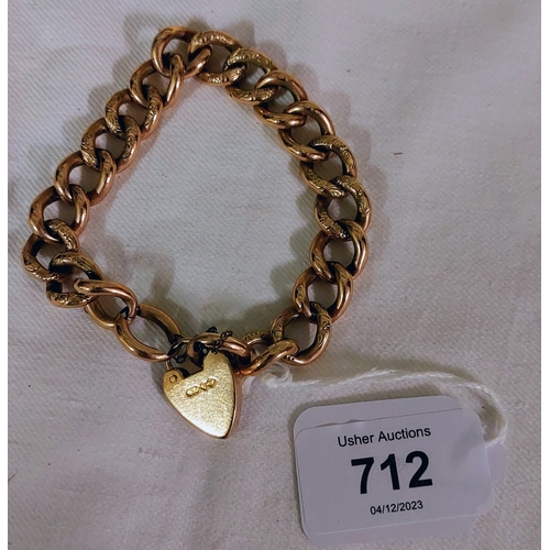 712 - 9ct Gold Curb Link Bracelet with Heart Lock Clasp  - 22 grams