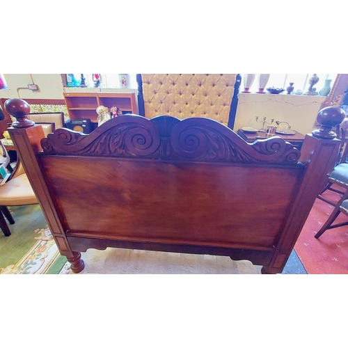 780 - 19th Century Mahogany Double Bed - 5 Foot - With Deep Button Upholstered Dome Headboard