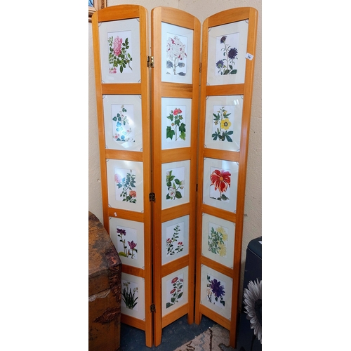 796 - Pine Frame Floral 3 Section Screen - C. 117cm H x 89cm W