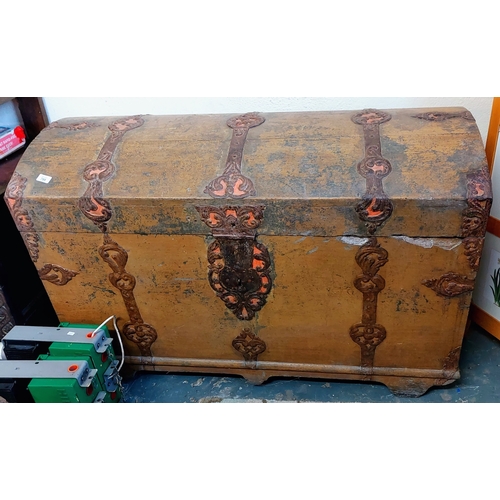 799 - Large Metal Bound Dome Top Trunk - C. 121cm W x 62cm D x 82cm H