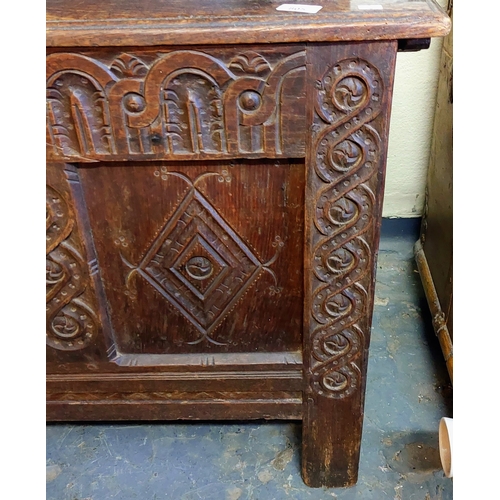 805 - Large Highly Carved Antique Trunk - C. 149cm W x 61cm D x 67cm H