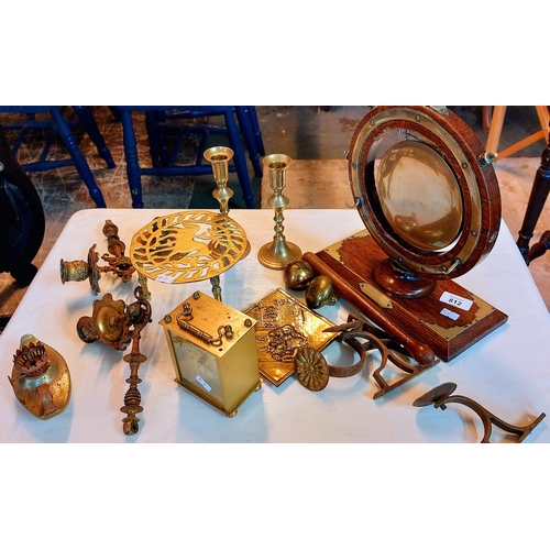 812 - Lot of Brassware inc Oak Frame Gong