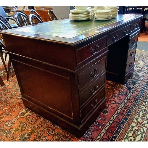 822 - Neat Green Leather Top Pedestal Desk - C. 137cm W x 78cm D x 79cm H