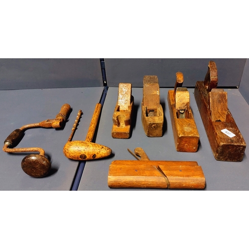 837 - Lot of Vintage Wooden Planes and a Brace Drill