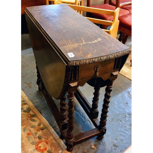 838 - Carved Oak Drop Leaf Gate Leg Table with Barley Twist Legs - C. 84cm W x 34cm D x 77cm H