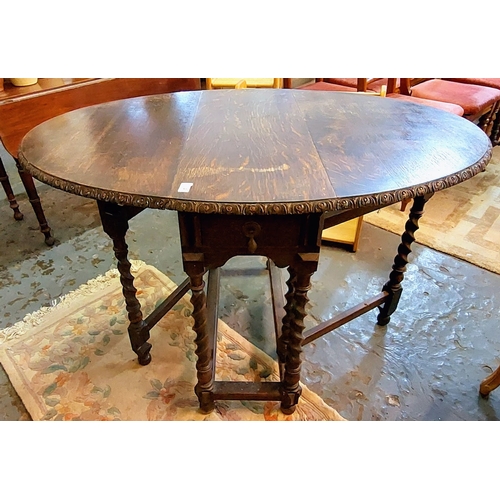 838 - Carved Oak Drop Leaf Gate Leg Table with Barley Twist Legs - C. 84cm W x 34cm D x 77cm H