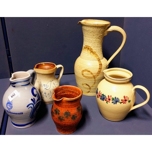 842 - Good Collection of 5 Pottery Jugs