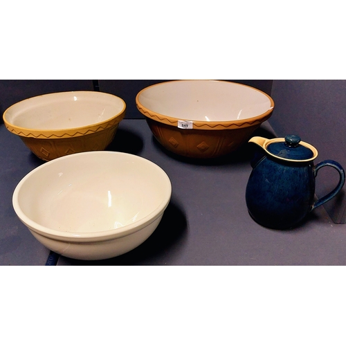 849 - 3 Mixing Bowls & Denby Blue Teapot