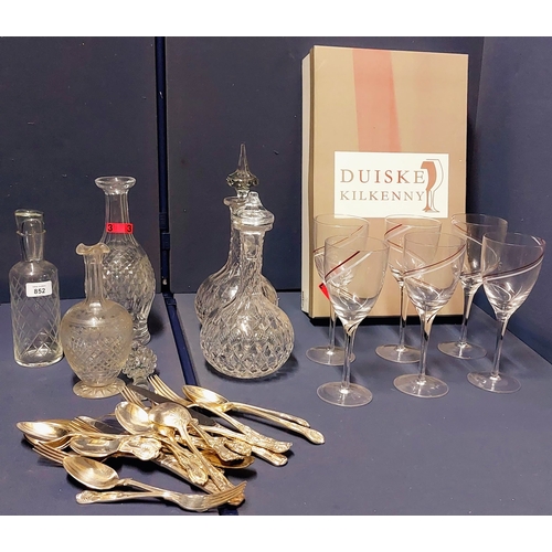 852 - 5 Cut Glass Decanters, 6 Duiske Wine Glasses & Lot of Kings Pattern Cutlery