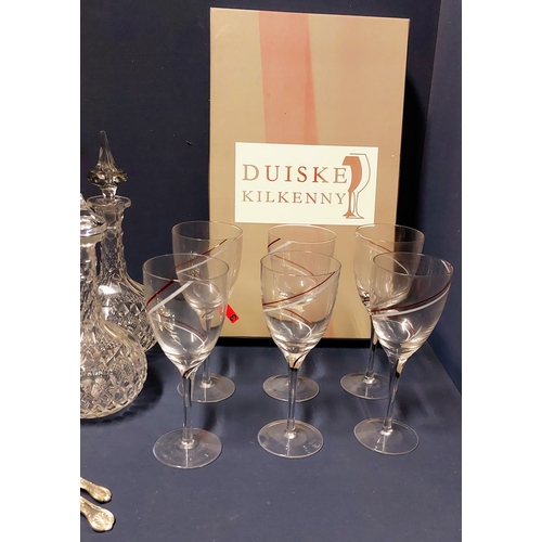 852 - 5 Cut Glass Decanters, 6 Duiske Wine Glasses & Lot of Kings Pattern Cutlery