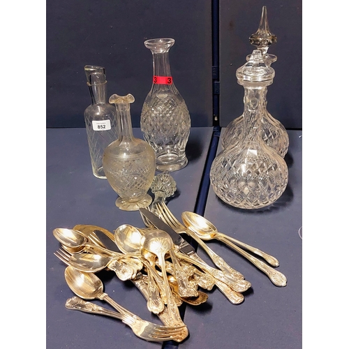 852 - 5 Cut Glass Decanters, 6 Duiske Wine Glasses & Lot of Kings Pattern Cutlery