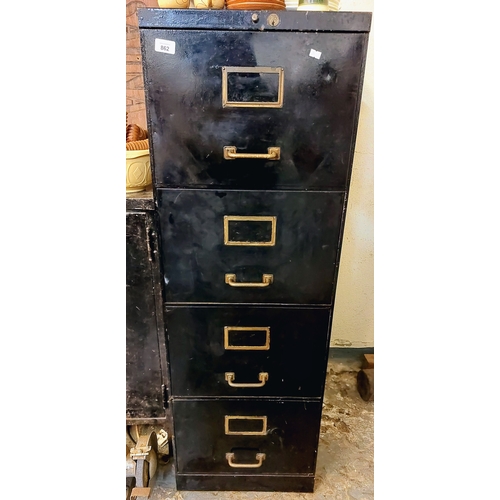 862 - Vintage Black Metal Filing Cabinet with Brass Handles - C. 132cm H x 44cm W x 63cm D