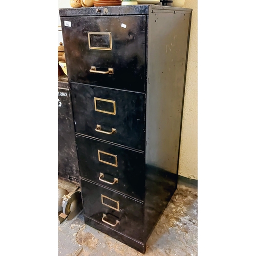 862 - Vintage Black Metal Filing Cabinet with Brass Handles - C. 132cm H x 44cm W x 63cm D