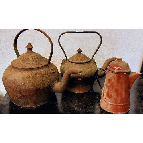 865 - 2 Large Cast Iron Kettles and an Enamel Coffee Pot