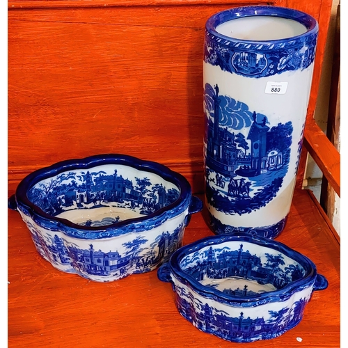 880 - Blue and White Ceramic Stick Stand with 2 Matching Bowls