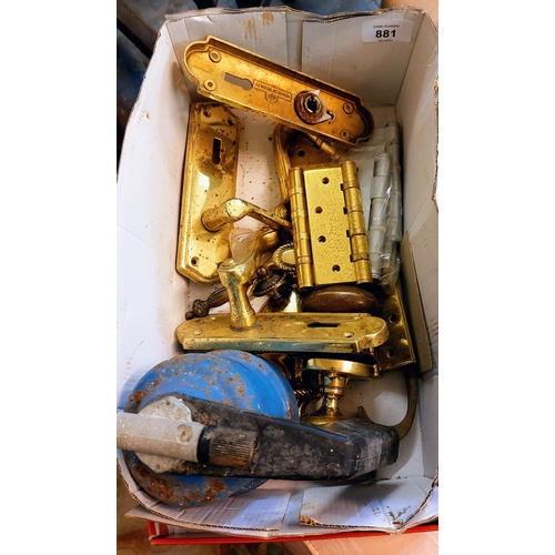 881 - Box Brass Hinges, Door Knockers & Blow Torch