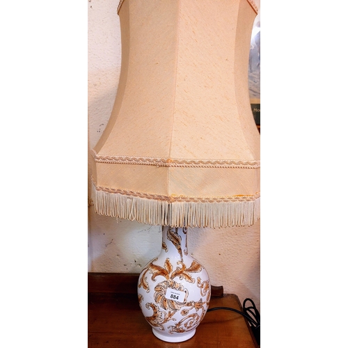 884 - Leaf Design Brown & Cream Ceramic Table Lamp & Shade