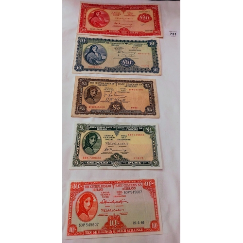 731 - Lady Lavery £20, £10, £5, £1 and 10 Shilling Note Set
11/10/70, 2/12/76, 6/8/52, 21/4/75, 25/5/66