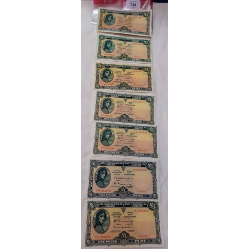 734 - 7 Lady Lavery £1 Notes - 30/9/76, 23/5/69, 21/4/75, 21/4/75, 30/9/76, 30/9/76, 30/9/76