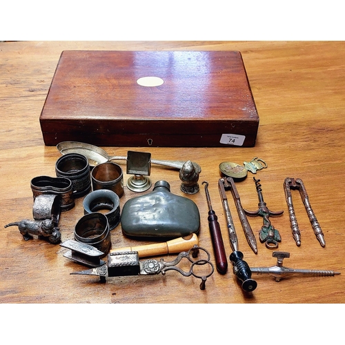 74 - Mahogany Case with Silver Plate Collectible Objects - Nutcrackers etc