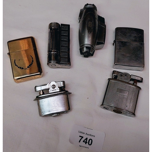 740 - 6 Vintage Lighters inc. Polo, Ronson Typhoon, Mini Fox, True Utility Firewire Windproof Gas Lighter ... 