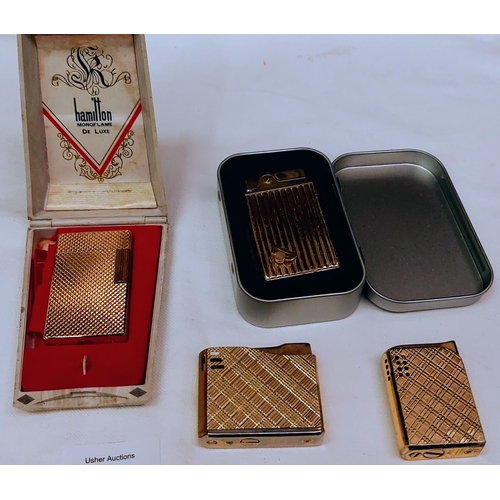 743 - 4 Vintage Lighters - Hamilton Monoflame de Luxe in Case, Calibri of London Molectric, Noble Mistral ... 