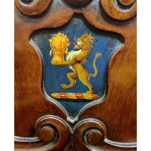 557 - Pair of Mahogany Carved Shield Back Hall Chairs with Painted Lion Crest