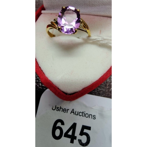 645 - 9 Ct Gold Amethyst & Diamond Ring - Size O 1/2 (17.5mm)