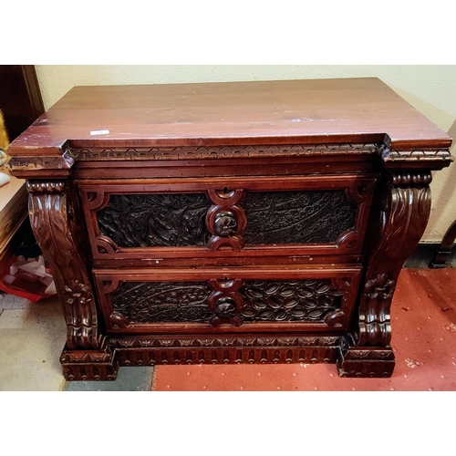 776 - Highly Carved 2 Drawer Mahogany Chest - C. 89cm W x 56cm D x 66cm H