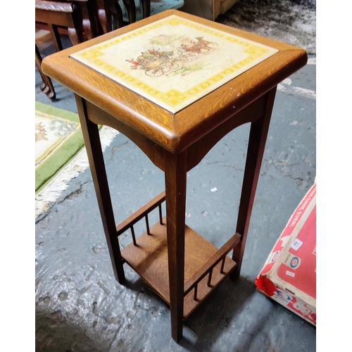 797 - Beech Frame Mirror, Tile Top Plant Stand & Gilt Framed Picture of Victorian Lady