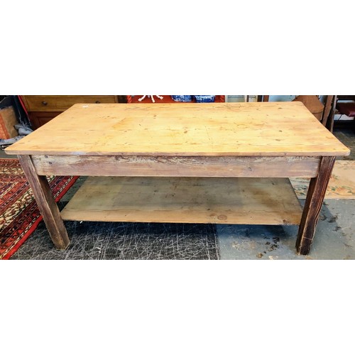 830 - Georgian Country Scrub Top Pine Kitchen Table with 2 Drawers and a Planked Stretcher Base - C. 181cm... 