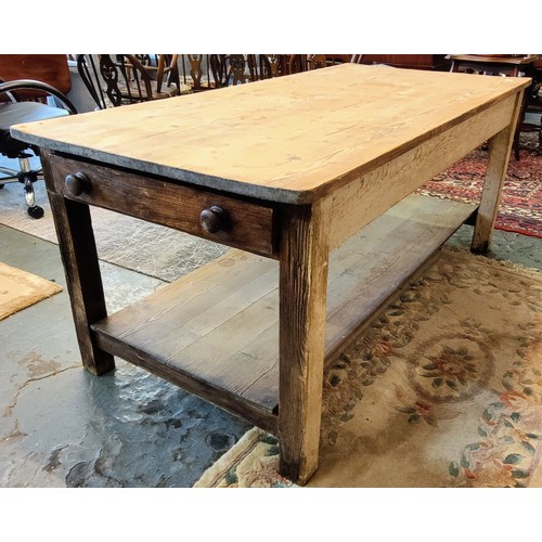 830 - Georgian Country Scrub Top Pine Kitchen Table with 2 Drawers and a Planked Stretcher Base - C. 181cm... 