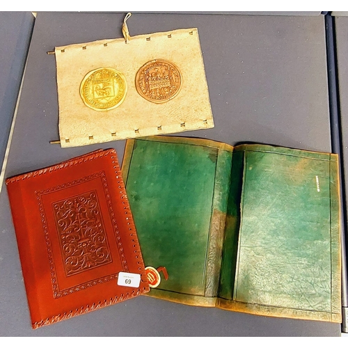 69 - 2 Tooled Leather Book Covers & Leather Mounted Seals