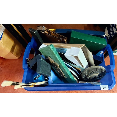 488 - Box of Collectible Items inc Tooled Leather Bag, Commemorative Plates, Wild Goose Studio Pieces etc