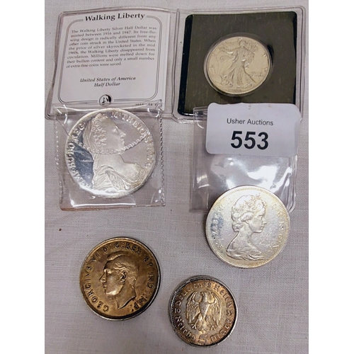 553 - 5 Commemorative Coins - Inc Walking Liberty Silver Half Dollar