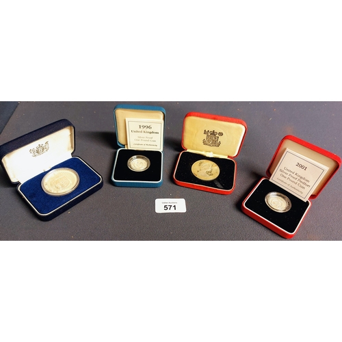 571 - 4 Cased Commemorative Coins inc 1996 & 2001 UK Silver Proof One Pound Coins