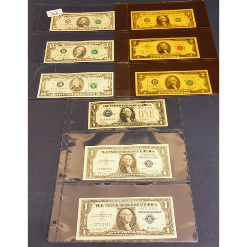 595 - 9 x American Dollar Bills - $1, $2, $5, $10 & $20 - Red, Blue & Green Seals