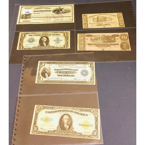 596 - 6 Old American Dollar Notes - 1914 Federal Reserve Bank Chicago $1 Bill, 1922 Ten Dollars in Gold Co... 