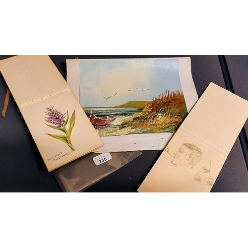 735 - 2 Sketch Books and a Signed Oil on Canvas