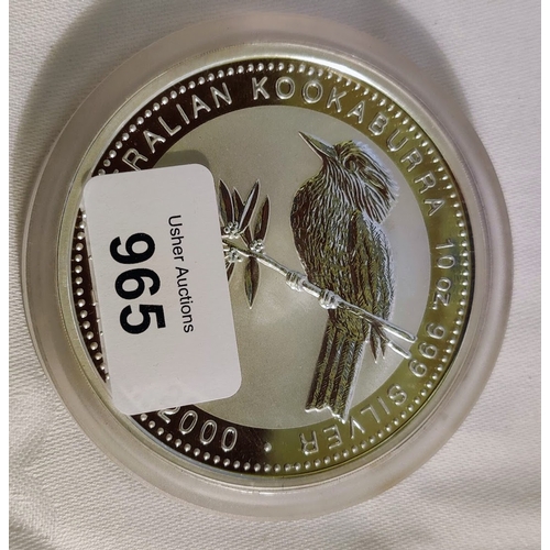 965 - The Australian Kookaburra 10 oz Silver 10 Dollar Coin 2000.