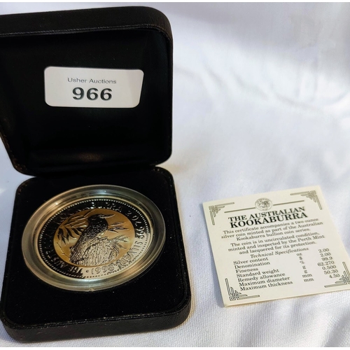 966 - The Australian Kookaburra 2 oz Silver Coin. The Perth Mint 1993