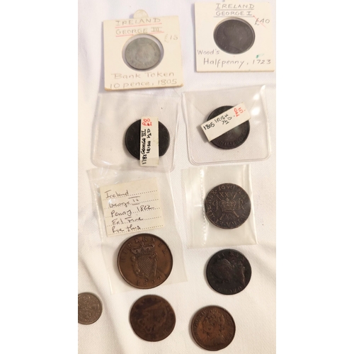 978 - Mixed Lot of Irish Coins & Tokens - inc 1690 Gun Money Half Crown, 1805 10 Pence Bank Token, George ... 