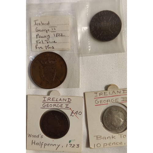 978 - Mixed Lot of Irish Coins & Tokens - inc 1690 Gun Money Half Crown, 1805 10 Pence Bank Token, George ... 