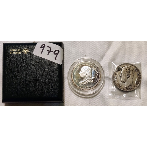 979 - French 100 Franc Silver Coin 1989, Isle of Man 1976 Commemorative Crown for the Bicentenary of Ameri... 