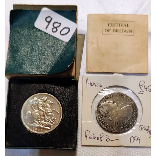 980 - 1951 Festival of Britain Crown Piece & Mexico 8 Reales 1799 Carolus IIII Coin