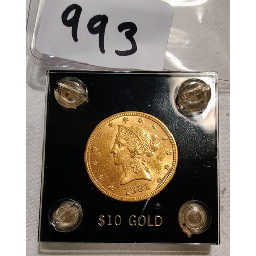 993 - United States of America $10 Dollar Liberty Head Gold Coin 1881.