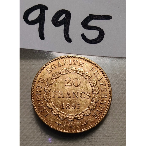 995 - 1897 Gold French 20 Francs Coin - Guardian Angel