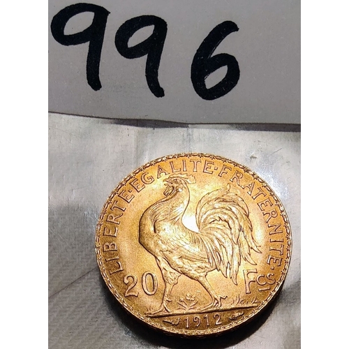 996 - 1912 Gold French 20 Francs Coin - Marianne Rooster