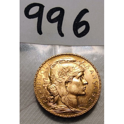 996 - 1912 Gold French 20 Francs Coin - Marianne Rooster