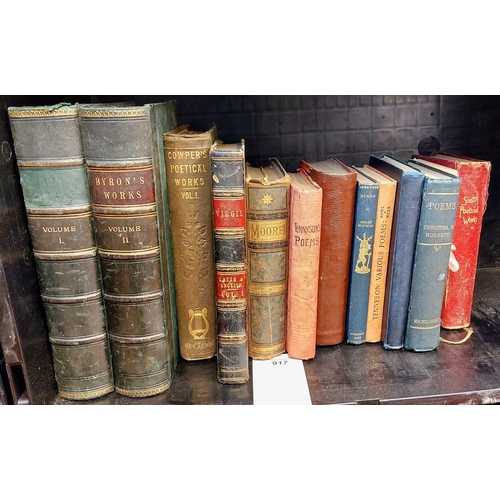 917 - Shelf Lot of Poetry - inc. Byron's Works Vol I & II Fullarton & Co, Cowper, Virgil, Moore, Tennyson,... 